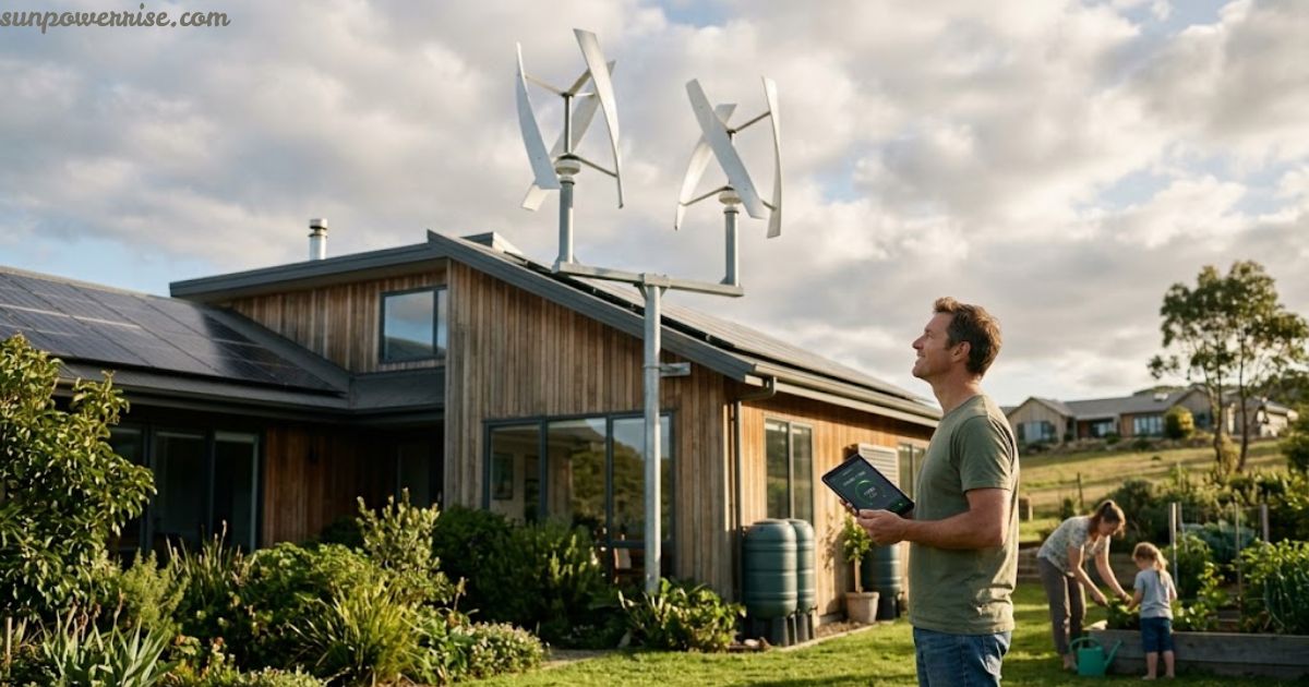 Wind chargers for homes powering a modern house with rooftop solar panels and a small residential wind turbine.
