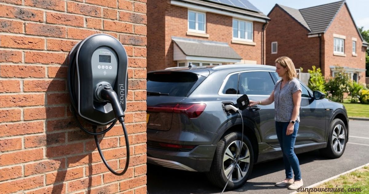 Zappi EV charger installed beside a garage, charging an electric car with solar panels visible on the home roof.