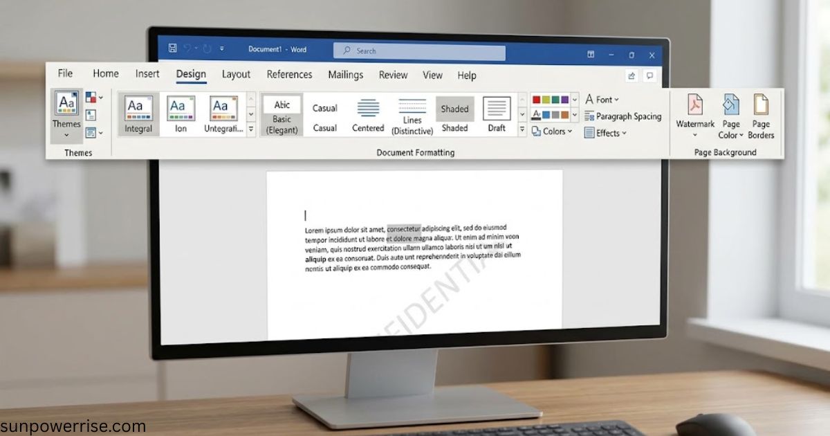 Microsoft Word Design tab displaying document formatting, themes, colors, and page background options on a desktop monitor.