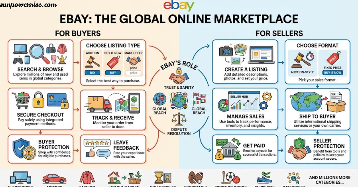 eBay UK only marketplace guide showing buying, selling, shipping, and seller protection features.