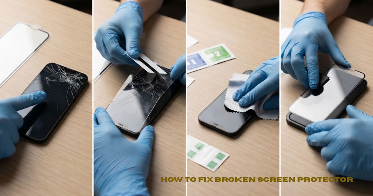 Step-by-step guide on how to fix broken screen protector, showing the removal of a cracked protector, screen cleaning and installation of a new one.