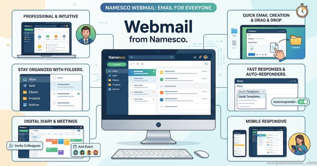Namesco webmail interface with email, folders, calendar, and mobile features