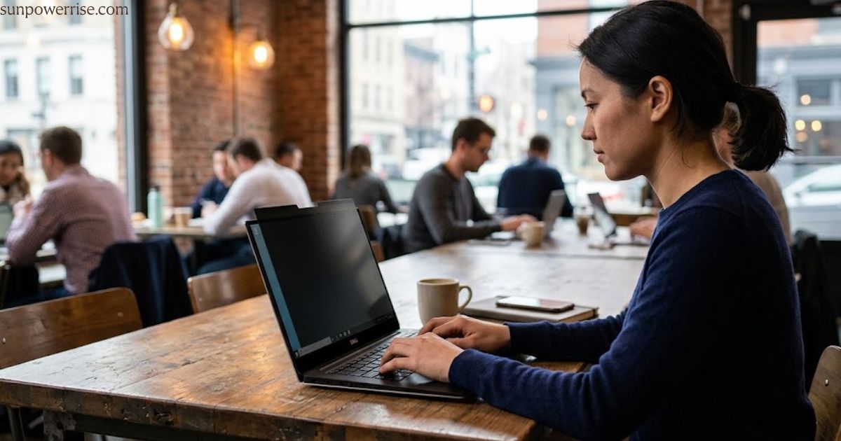 Woman using a laptop in a café with a privacy screen for added privacy.