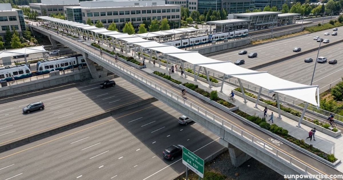 Redmond Technology Station with pedestrian bridge and light rail