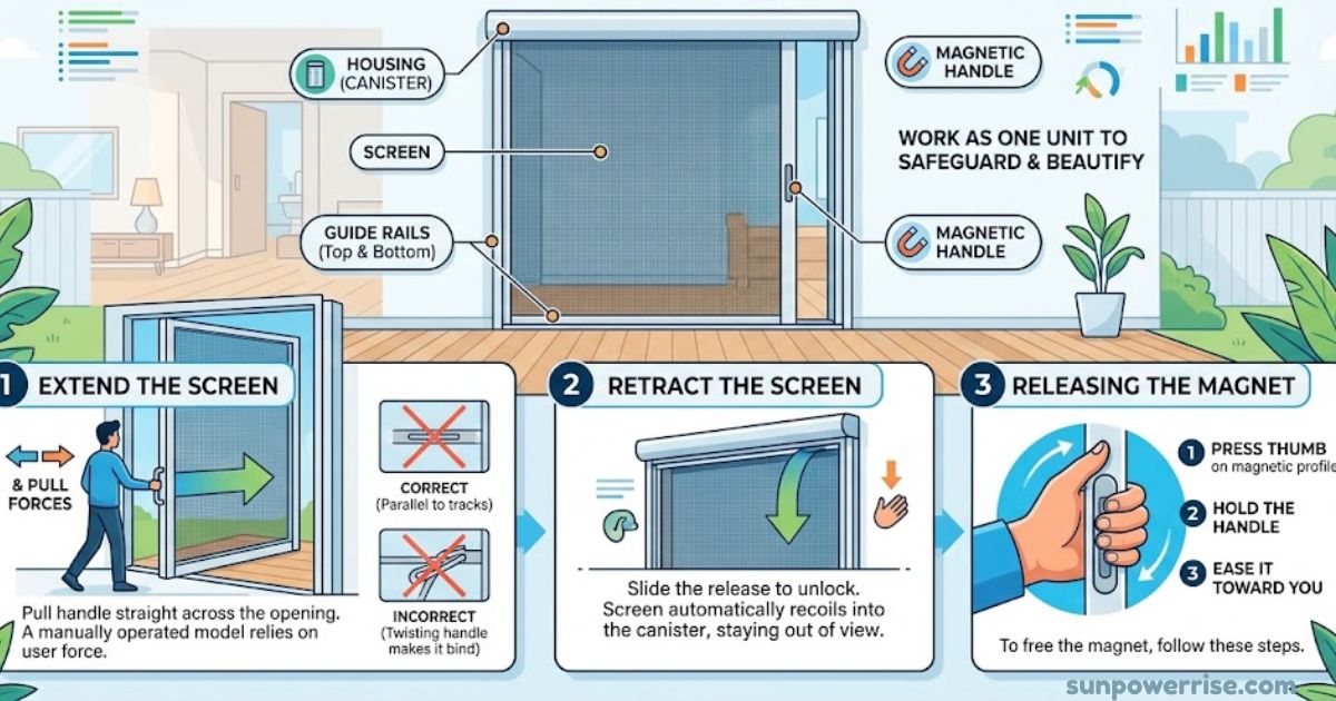 Retractable screen door showing its components, magnetic handle, guide rails, and step-by-step operation.