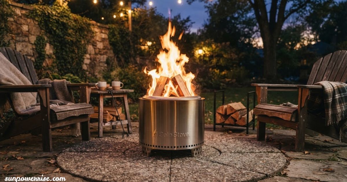 Solo Stove fire pit burning brightly in an outdoor patio seating area at night.