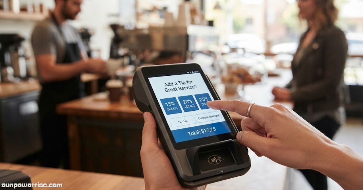 Digital POS tip screen showing preset tipping options and a custom tip selection at a checkout counter.