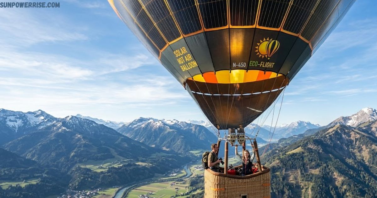 Solar hot air balloon floating in a clear blue sky powered by sunlight.