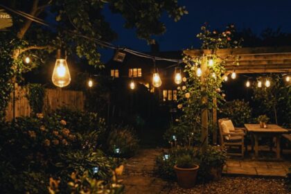 Solar string bulbs illuminating a cozy outdoor garden patio at night.