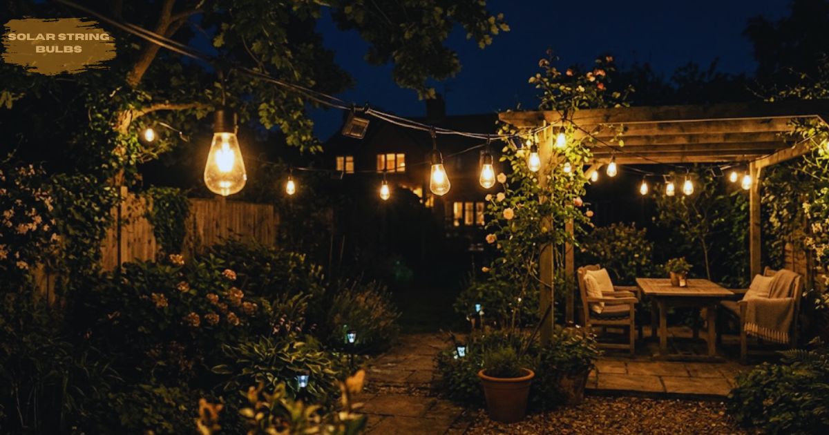 Solar string bulbs illuminating a cozy outdoor garden patio at night.