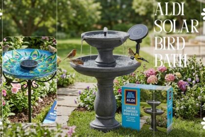 Aldi solar bird bath with birds drinking from a solar-powered garden fountain.