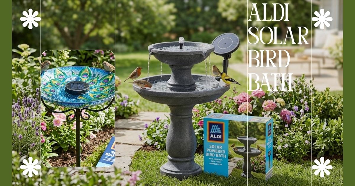 Aldi solar bird bath with birds drinking from a solar-powered garden fountain.