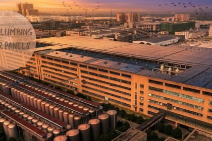 Large-scale city plumbing solar panels system powering industrial building with storage tanks and cityscape