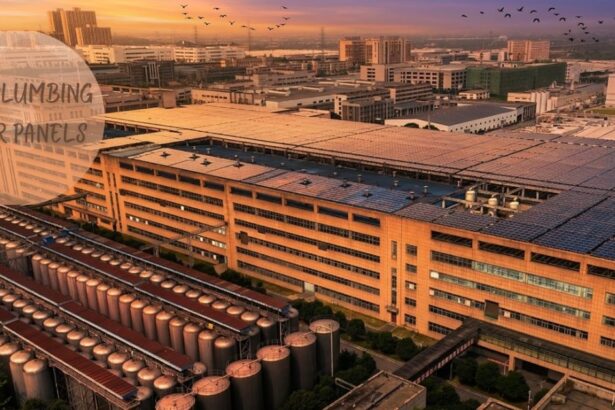Large-scale city plumbing solar panels system powering industrial building with storage tanks and cityscape