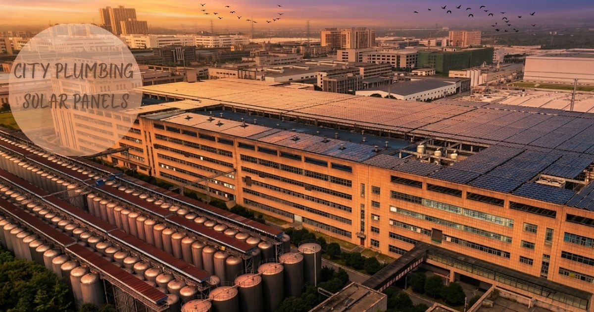 Large-scale city plumbing solar panels system powering industrial building with storage tanks and cityscape