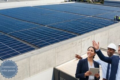 Commercial solar panels installed on a large industrial rooftop with business professionals inspecting the renewable energy system.