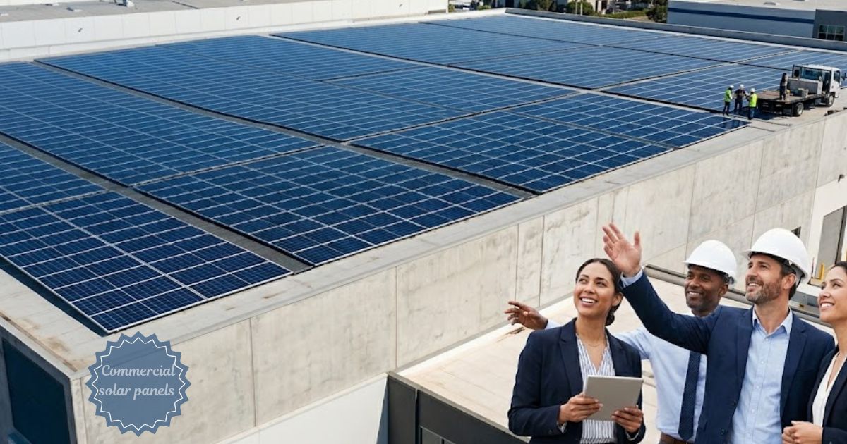 Commercial solar panels installed on a large industrial rooftop with business professionals inspecting the renewable energy system.