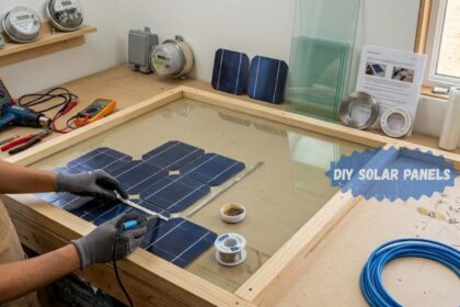 Close-up of DIY solar panels during wiring and solar cell assembly.