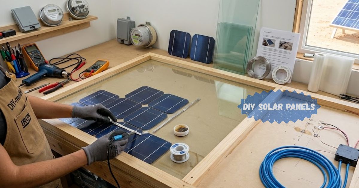 Close-up of DIY solar panels during wiring and solar cell assembly.