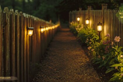 fence garden solar lights illuminating a backyard wooden fence at night