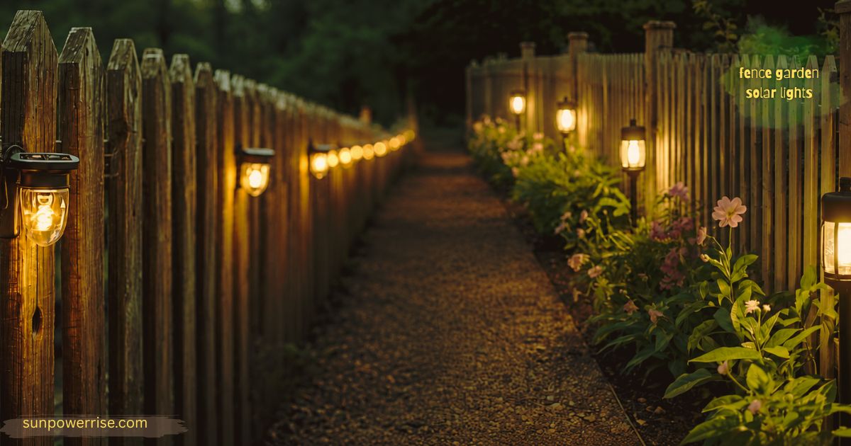 fence garden solar lights illuminating a backyard wooden fence at night