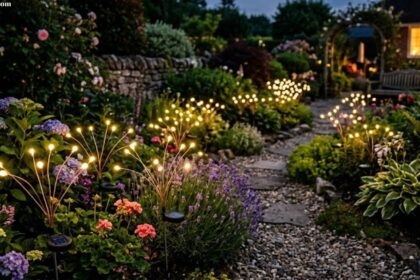 Firefly solar lamp glowing softly in an outdoor garden at night.