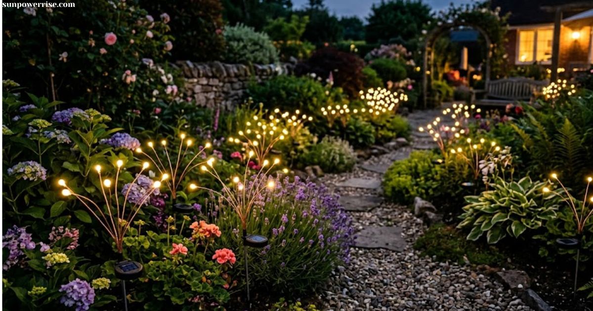 Firefly solar lamp glowing softly in an outdoor garden at night.
