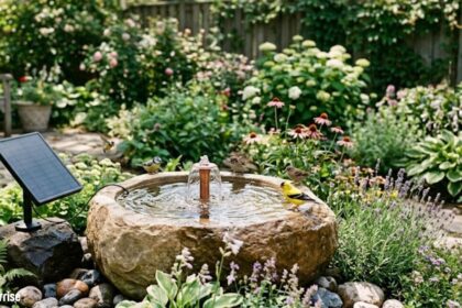 Decorative fountain with solar pump installed in a landscaped garden