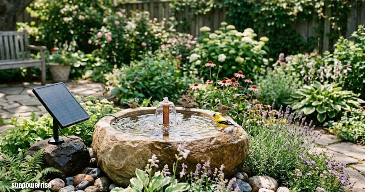 Decorative fountain with solar pump installed in a landscaped garden