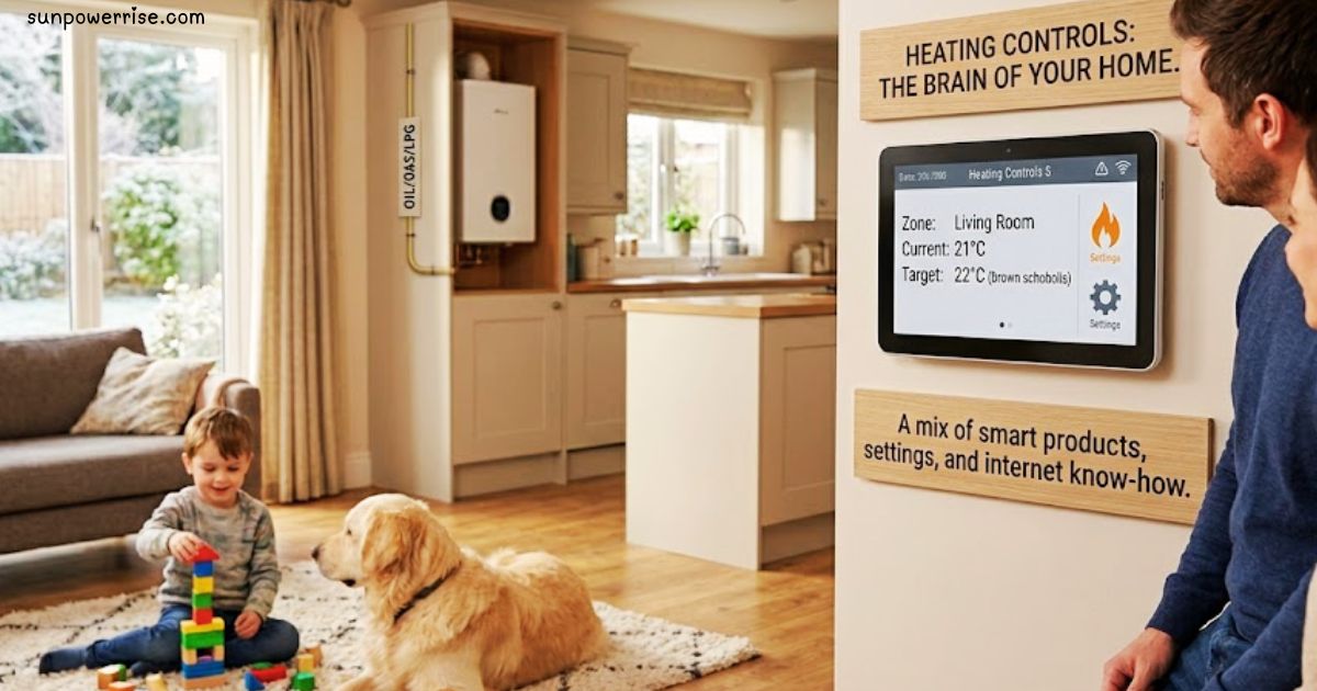Smart heating controls system with digital thermostat in a modern home.
