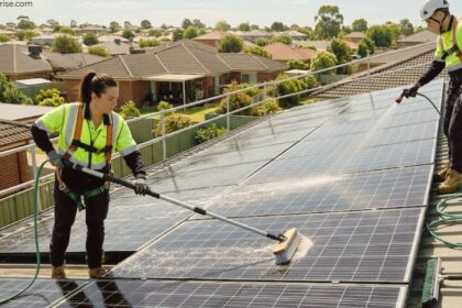 Technicians demonstrating how to clean solar panels on a residential rooftop using soft brushes and water.