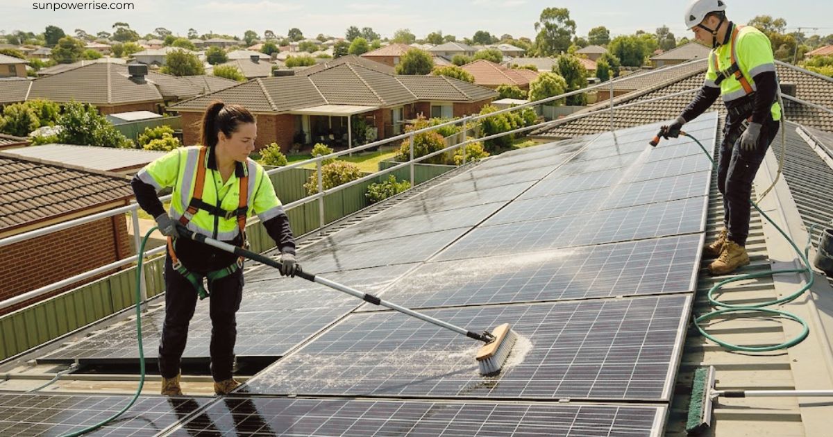 Technicians demonstrating how to clean solar panels on a residential rooftop using soft brushes and water.