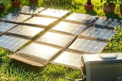 Portable solar panels charging outdoors in sunlight