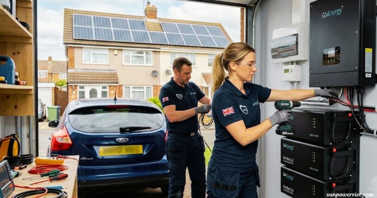 pv panel battery installed by technicians n garage.