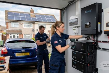 Solar battery installation team securing a home backup battery system next to an electrical panel.