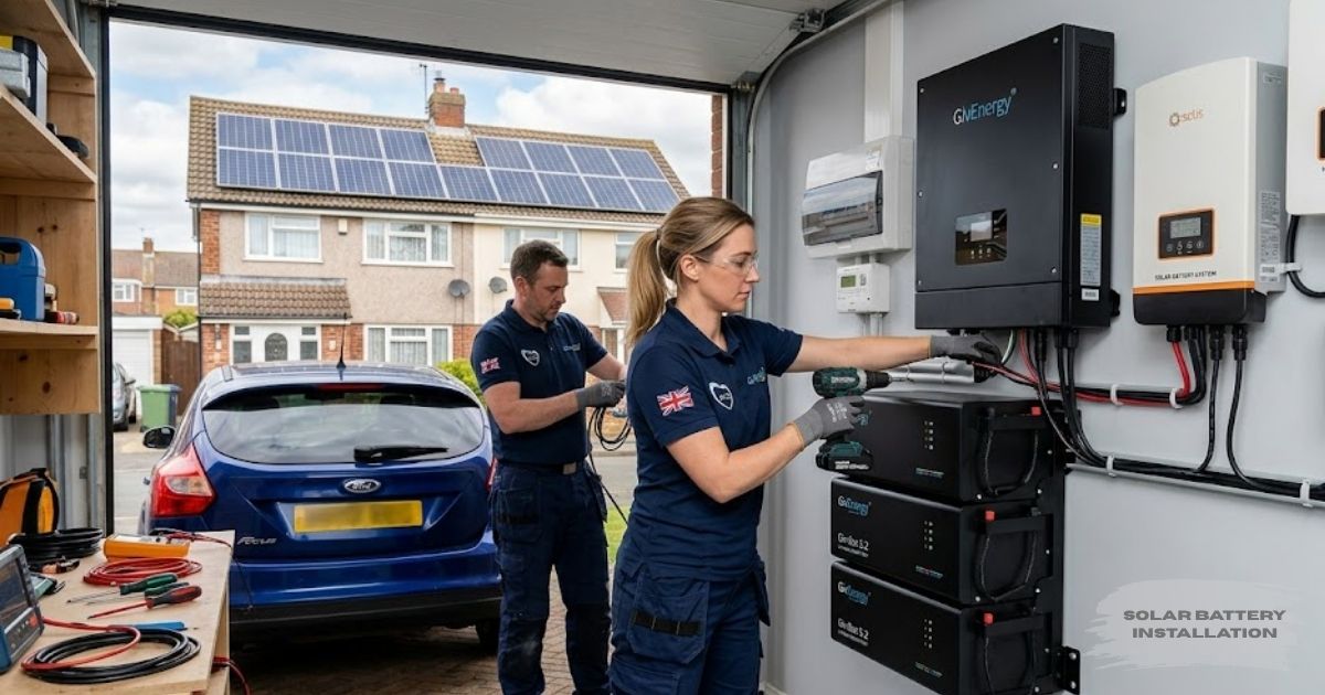 Solar battery installation team securing a home backup battery system next to an electrical panel.