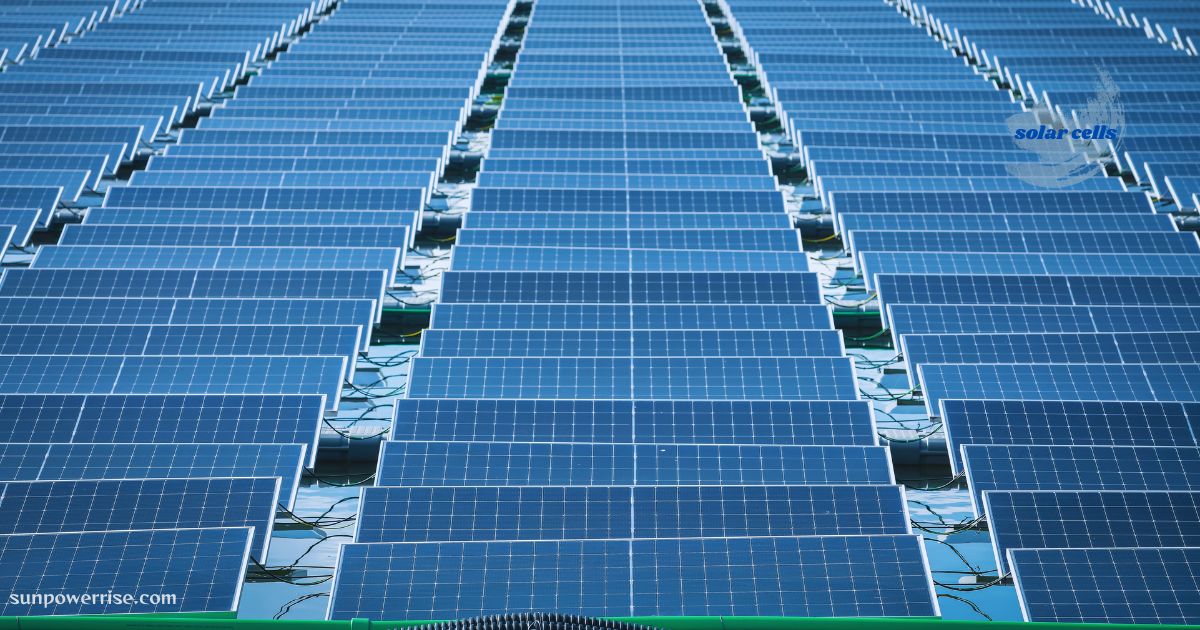 Large floating solar farm array made of blue solar panels and interconnected solar cells.