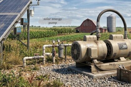 Solar energy pump connected to solar panels for efficient farm water management