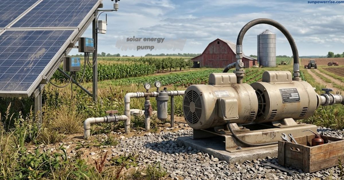 Solar energy pump connected to solar panels for efficient farm water management