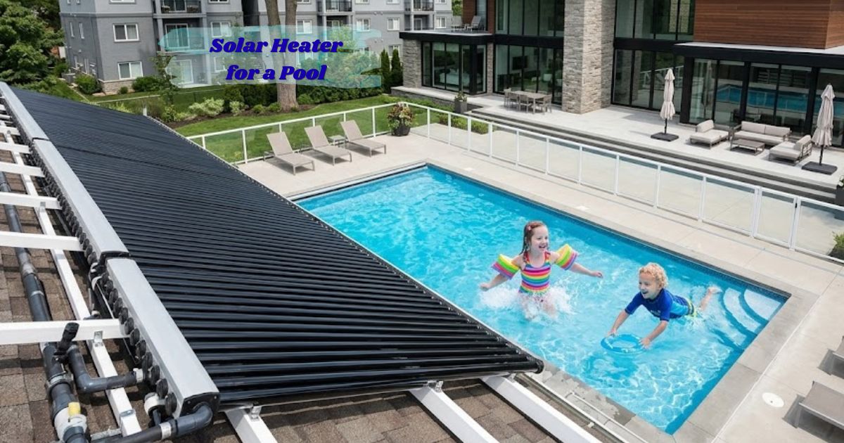 Solar heater for a pool installed beside a backyard swimming pool.