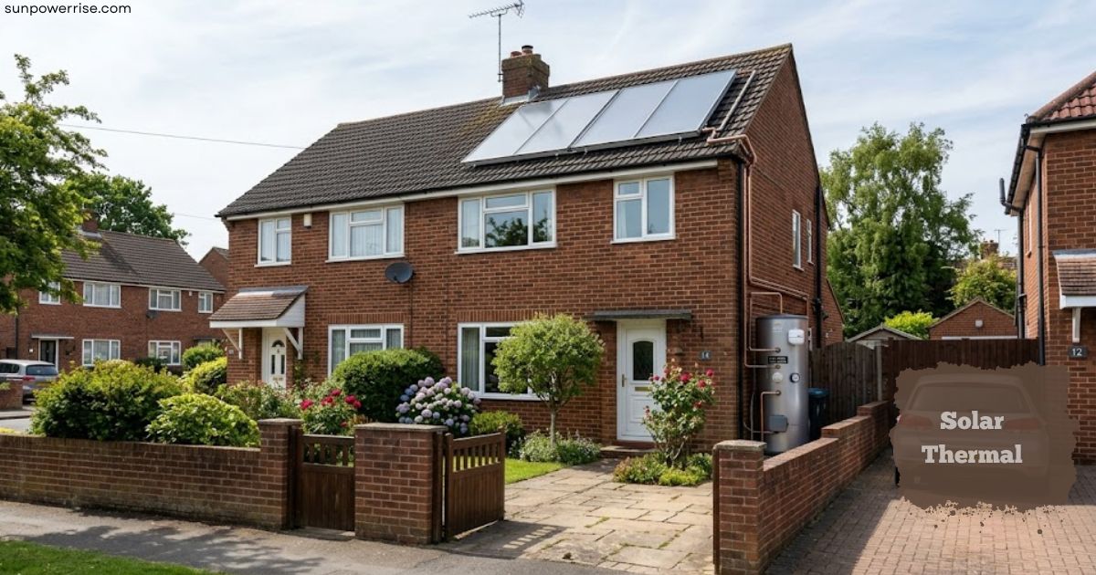 Solar thermal panels installed on a rooftop for water heating.