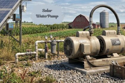 Solar water pump connected to solar panels for efficient farm water management