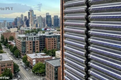 Virtu Pvt photovoltaic thermal (PVT) solar technology on a high-rise building facade