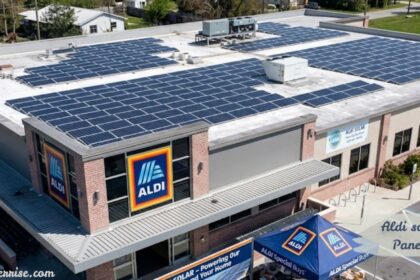 "Aldi solar panels on a retail store helping power the supermarket with clean solar energy