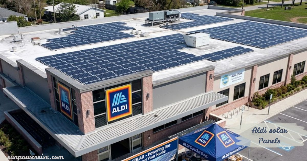 "Aldi solar panels on a retail store helping power the supermarket with clean solar energy