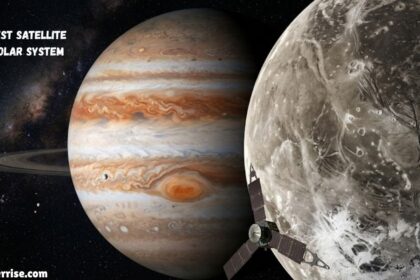 Biggest satellite of solar system, Ganymede orbiting Jupiter with a space probe illustrating its massive size.