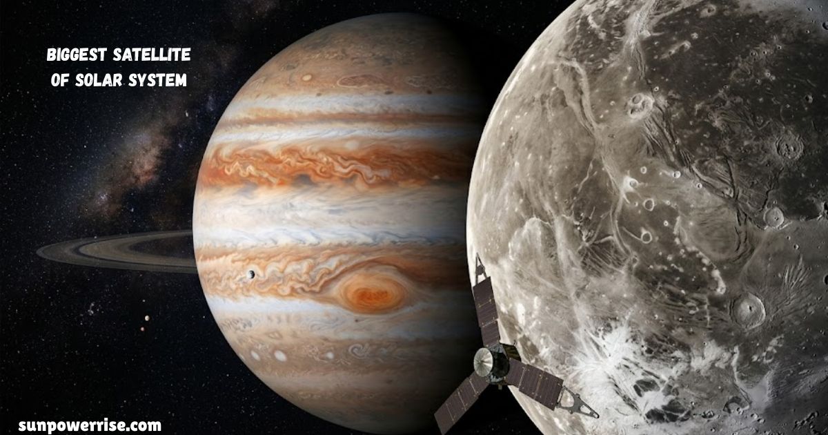 Biggest satellite of solar system, Ganymede orbiting Jupiter with a space probe illustrating its massive size.