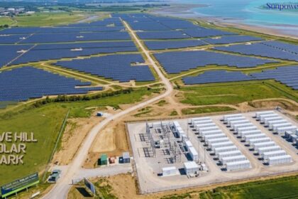 Aerial view of Cleve Hill Solar Park showcasing large-scale solar panel installation.