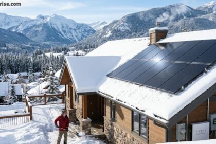 Do solar panels work in winter on a snow-covered home with rooftop solar panels generating electricity in a mountain landscape.