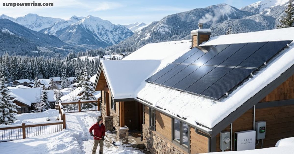 Do solar panels work in winter on a snow-covered home with rooftop solar panels generating electricity in a mountain landscape.